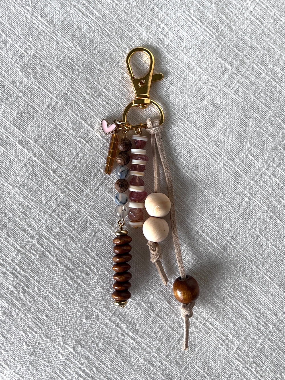 Pink Quartz + Wood Bag Charm | Feminine Boho | Handmade Keychain